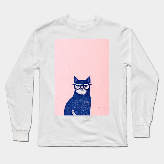 Terry the Hipster Cat Retro Poster Vintage Art Pastel Wall Blue Pink Illustration Long Sleeve T-Shirt by BetterManufaktur